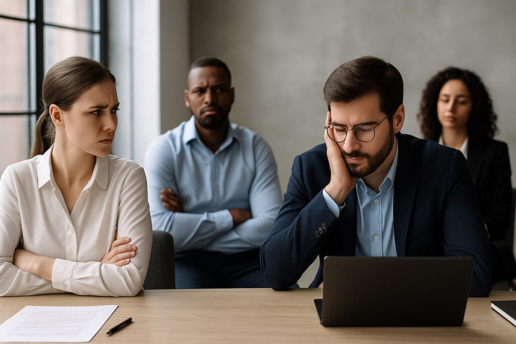 echipă ineficientă oameni suparati la birou leadership empatic BC coperta echipe