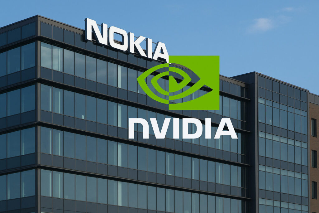 Sediul Nokia și logo-ul Nvidia – parteneriat strategic AI și telecomunicații