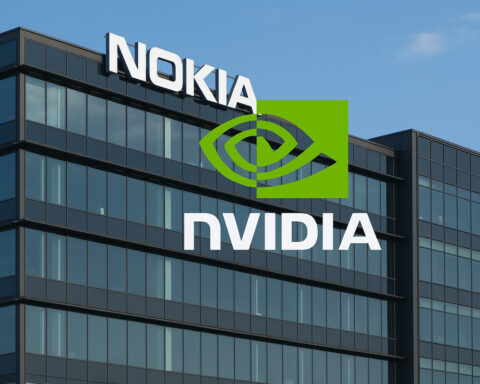Sediul Nokia și logo-ul Nvidia – parteneriat strategic AI și telecomunicații